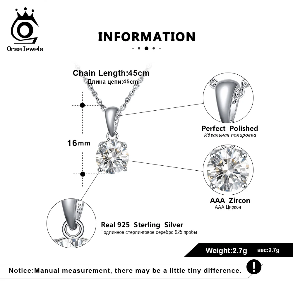 ORSA JEWELS 925 Sterling Silver Women Necklaces 12 Color Month Lucky Birthstone AAA CZ Zircon Pendant Necklace for Girls SN118