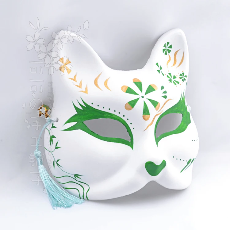 Handmade Custom Hand-Painted Fox Cat Mask Japanese Style Cos Anime Cosplay Ball Green Golden Fresh Air