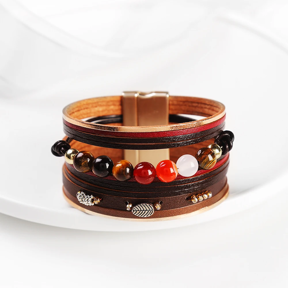 WYBU Multi-Layer Leather-Shell Wrap Bracelet with Magnetic Clasp Cuff Bangle Rope Beads Bracelet Jewelry for Women Girl Gift