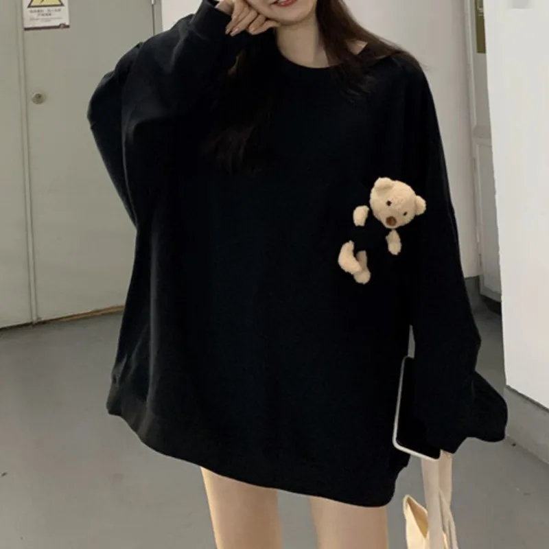 2024 Spring New Women Harajuku Kawaii Hoodie Soft Pullover Sweatshirt With Pocket Plush Bear Solid Outwear Oversize Casual Hoody