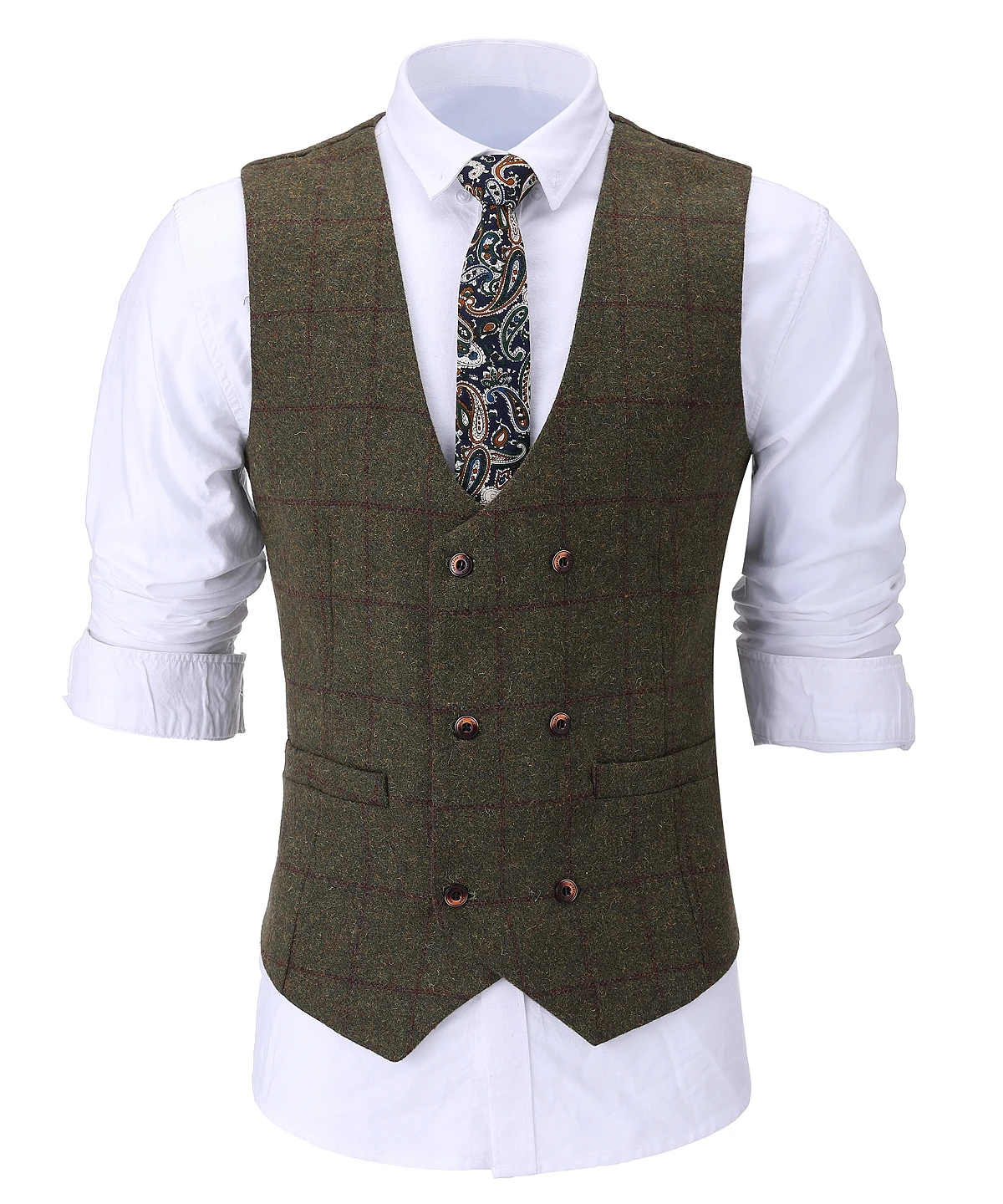 Męska w kratę tweedowa kamizelka w stylu Vintage dwurzędowa kamizelka wełniana kamizelka garnitury drużbów na wesele Plus rozmiar XS-5XL