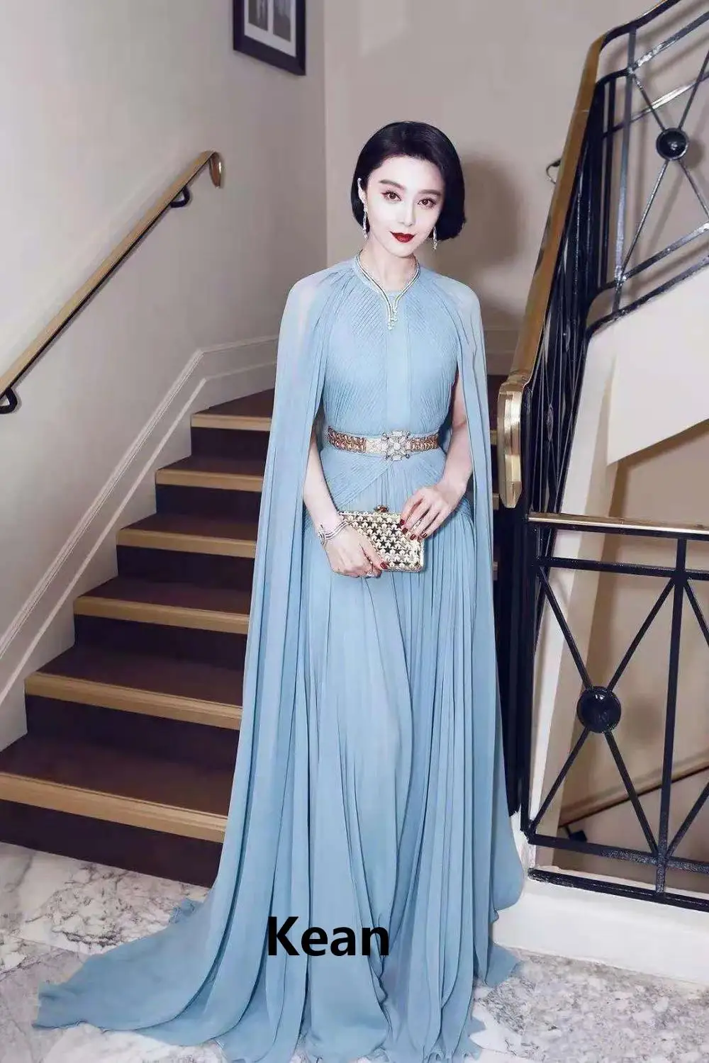 Sky Blue Chiffon Evening Dress Pleat With Jackets Vestidos De Festa Custom Vintage Prom Dresses Party Evening Dress