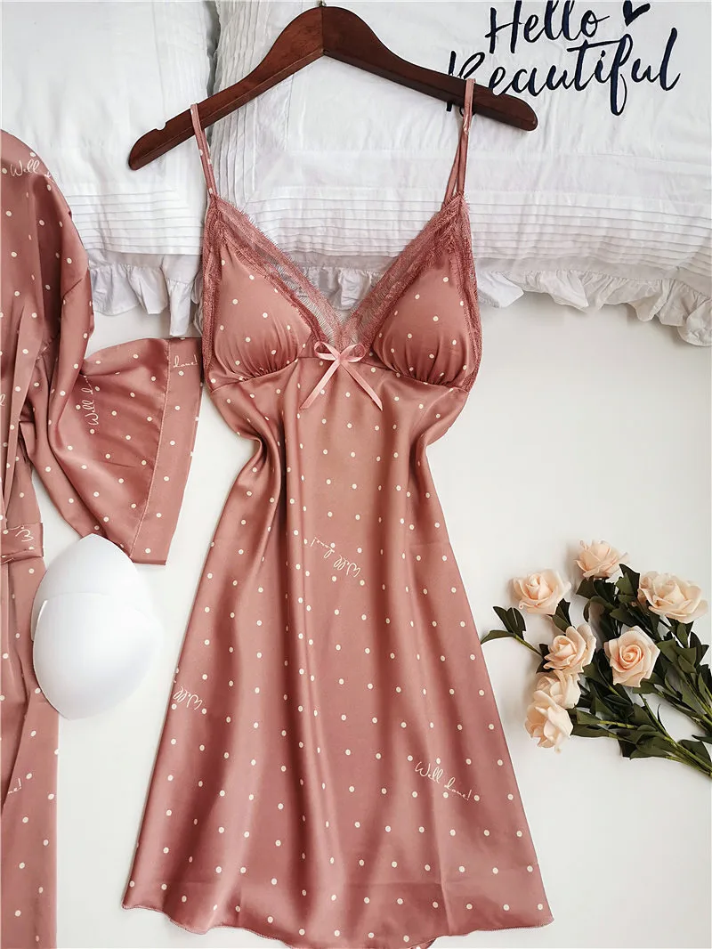 Polka Dot Female Robe Set Summer Sexy Strap Chest Pad Nightdress Cardigan Twinset Nightwear