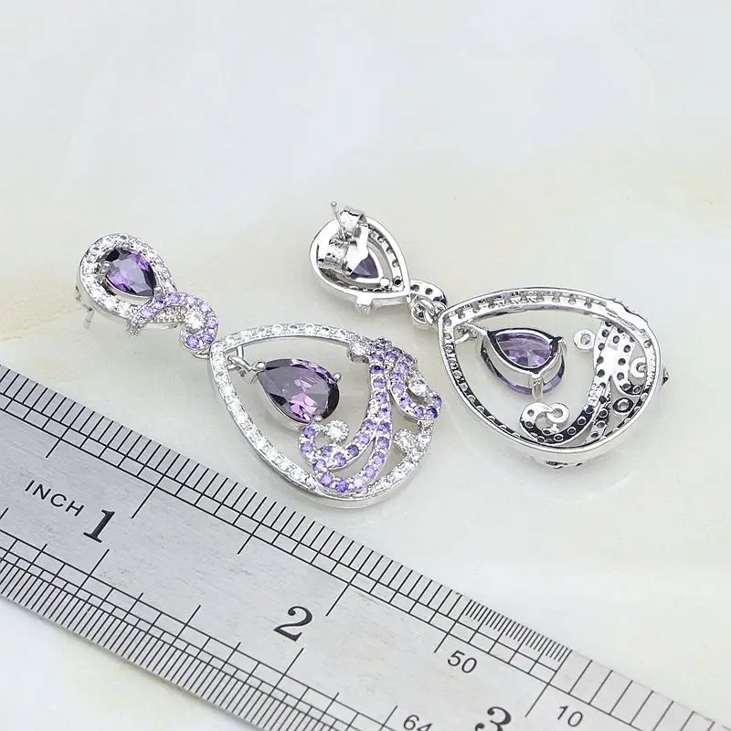 Purple Cubic Zirconia White Crystal 925 Sterling Silver Jewelry Sets For Women Stud Earrings/Pendant/Necklace/Bracelet
