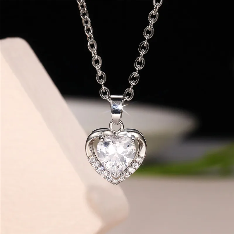 Huitan Classic Heart Shaped Pendant Necklace with Love Cubic Zirconia Silver Color/Rose Gold Color Necklace Jewelry for Women