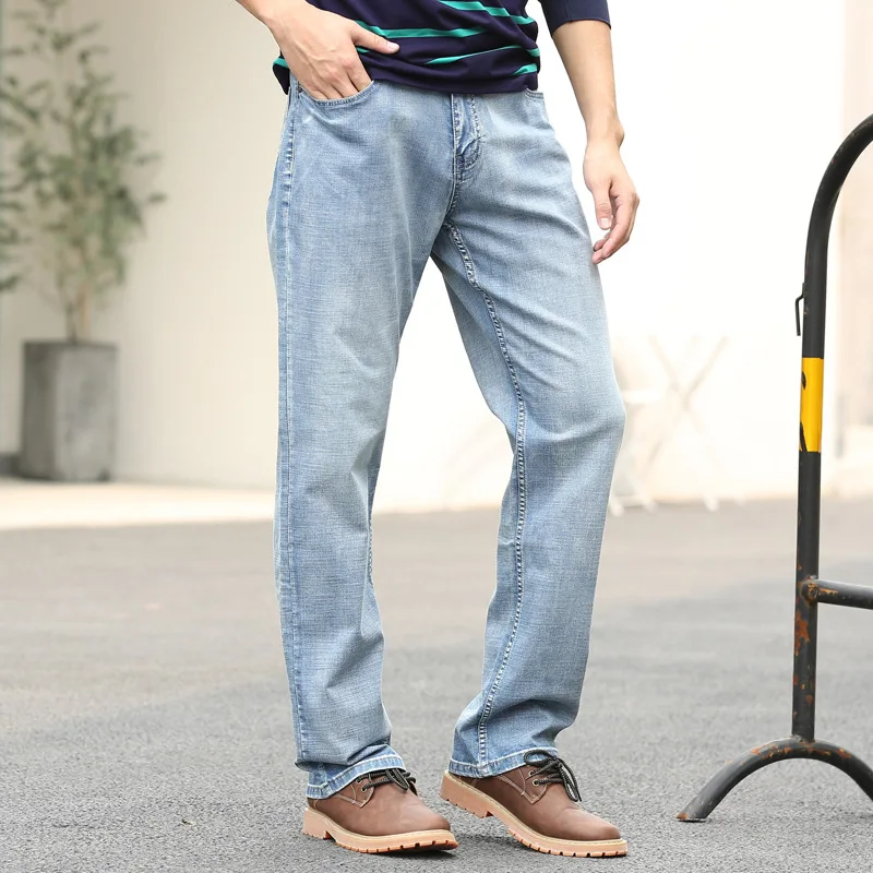 Summer Thin Section Big Size Man Pants  Straight baggy Trousers Fashion Light Blue Elastic Denim Male Business Jeans Classic