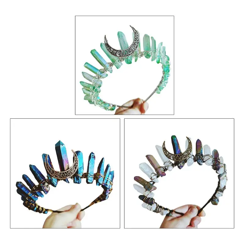 

Boho Vintage Witch Tiara Contrast Color Faux Raw Quartz Crystal Headband Crown Bridal Weding Angel Aura Alloy Moon Hair Hoop