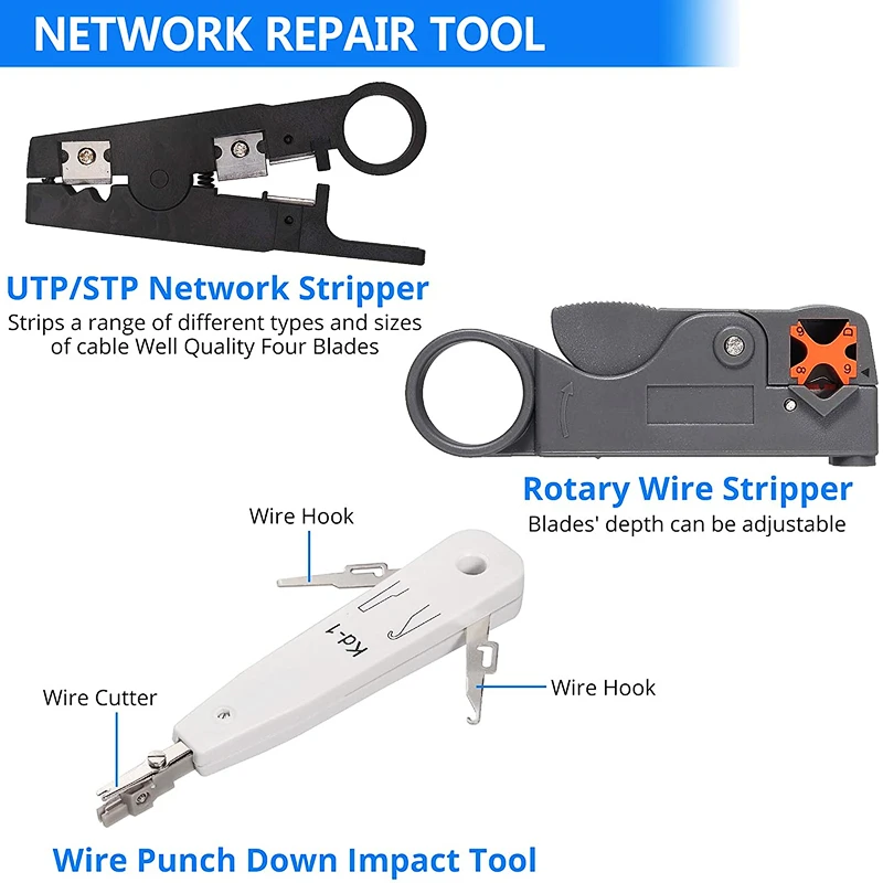 HTOC – kit d\'outils de sertissage RJ45 pour réparation de réseau de câbles LAN RJ11/RJ12/CAT5/CAT6/Cat5e, avec dénudeur de connecteurs de fil