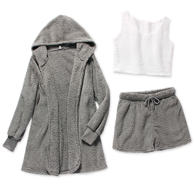 Women Three Piece Sexy Fluffy Outfits Plush Velvet Hooded Cardigan Coat Shorts Crop To Tracksuit Sets Casual Sports Sweatshirt