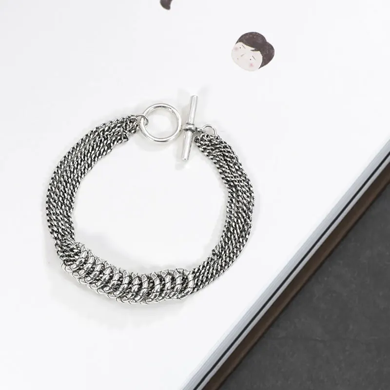 

LIVVY Thai Silver Color Multilayer Chain Circle Bracelet for Women Men Fashion Retro Temperament Simple Jewelry