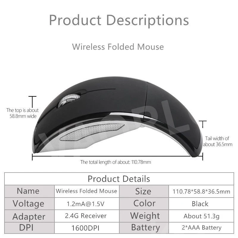 VAORLO-Mini Mouse Portátil Sem Fio, 2.4G, Dobrável, Viagem, Receptor USB, Óptico, Ergonômico, Mouse Office para PC, Laptop, Gamers