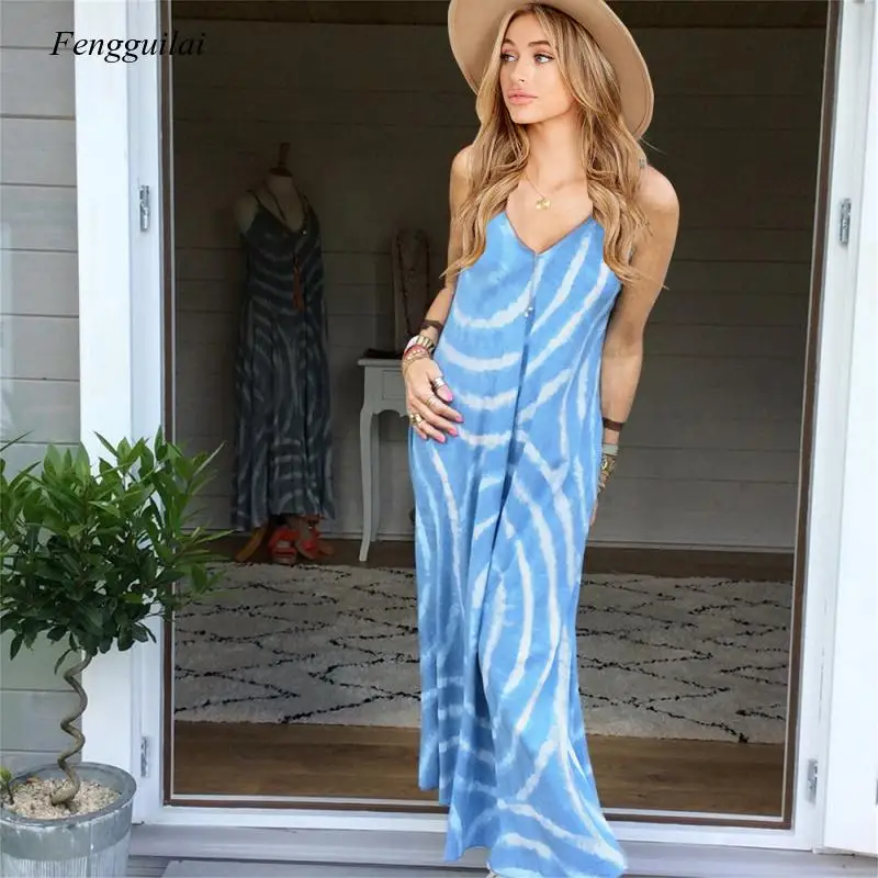 2021 Summer Drawstring Long Skirt Bohemian Style Fashion Print Sleeveless Beach Holiday Women Dress