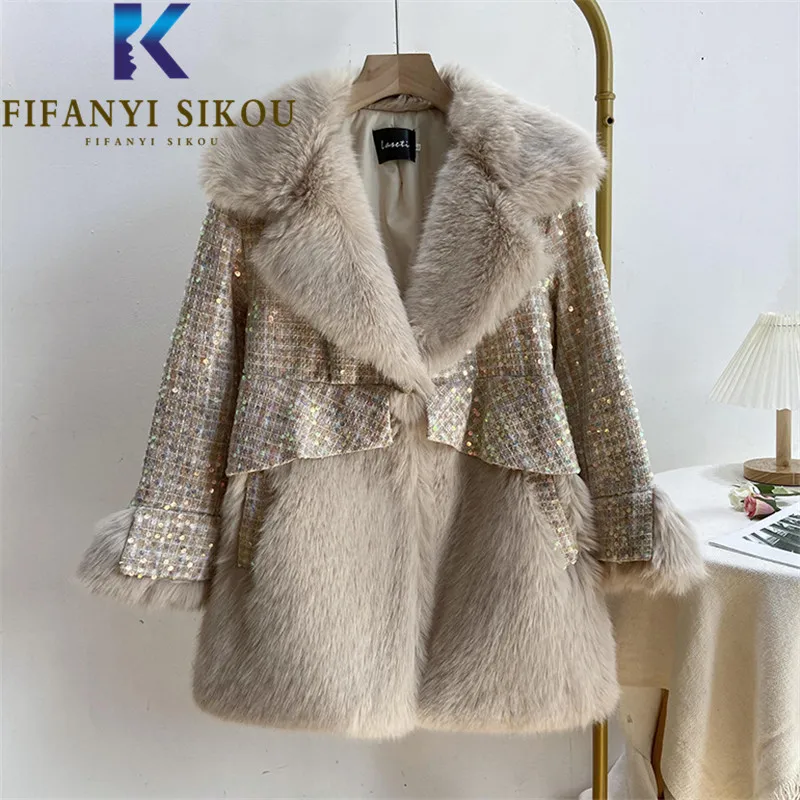 

Faux Fox Fur Jacket Women High Quality Winter Coat Spliced Fashion Sequins Lapel Fur Coat Female Thick Warm Loose Overcoat
