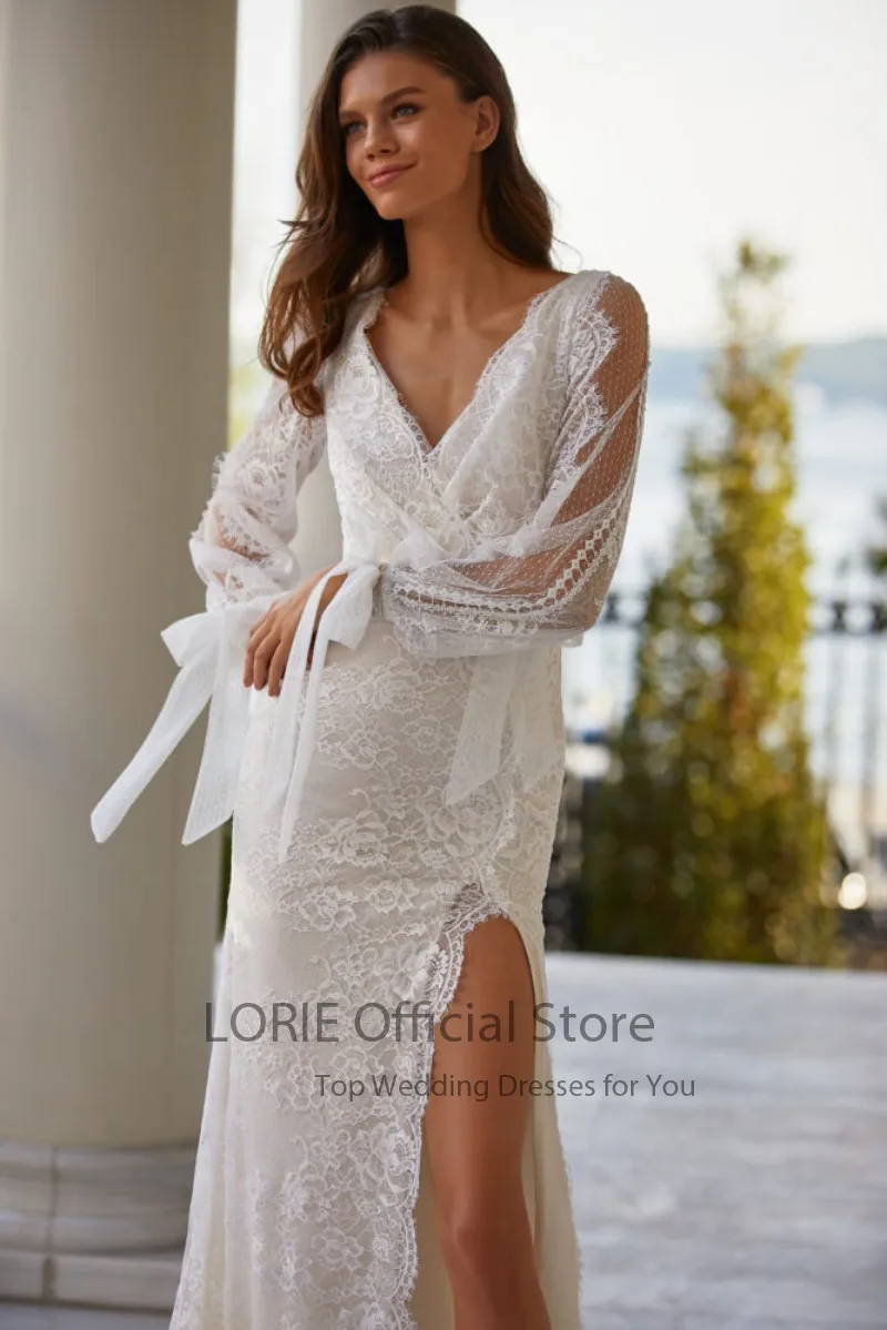 Lorie Bohemian Trouwjurken V-hals Lange Puff Mouwen Mermaid Lace Nieuwe Collectie Jurk Side Split Boho Bridal Jurk