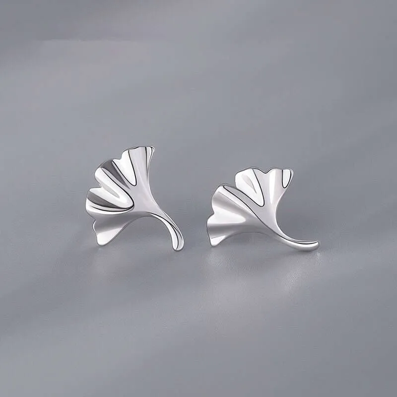 100% 925 Solid Real Sterling Silver Ginkgo Biloba Plant Leaf Stud Earrings For Women Prevent Allergy Brincos pendientes