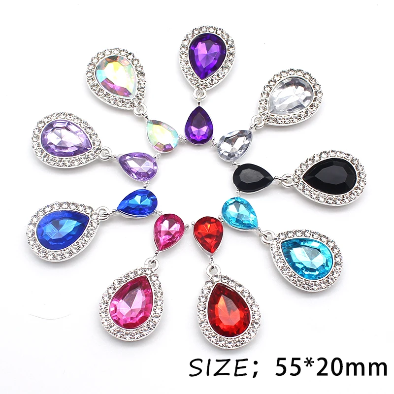 10PCS 55 * 20mm Water Drops Acrylic Rhinestone Flat Alloy Pendant Butterfly Hair Band Decoration DIY Wedding Layout Material