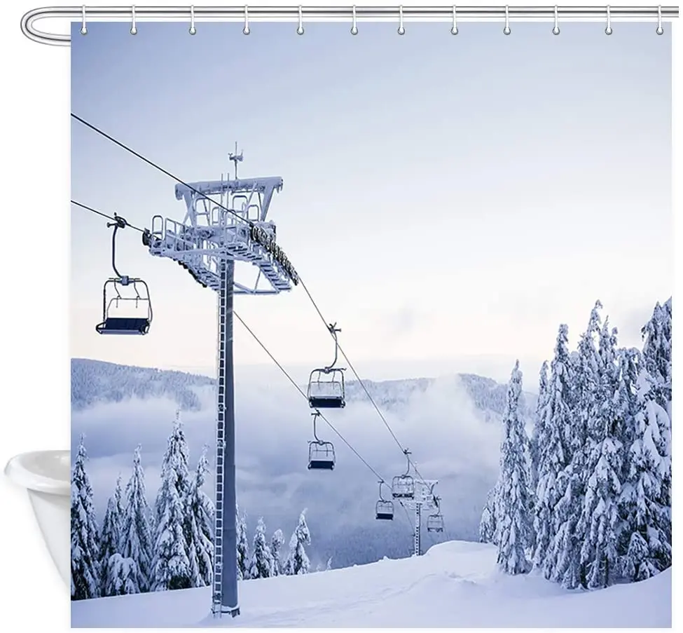 Winter Sport Snow Skiing Shower Curtains Home Decor Cable Car on Ski Field with Pine firs Forest in Snowy Mountains Bath Curtain