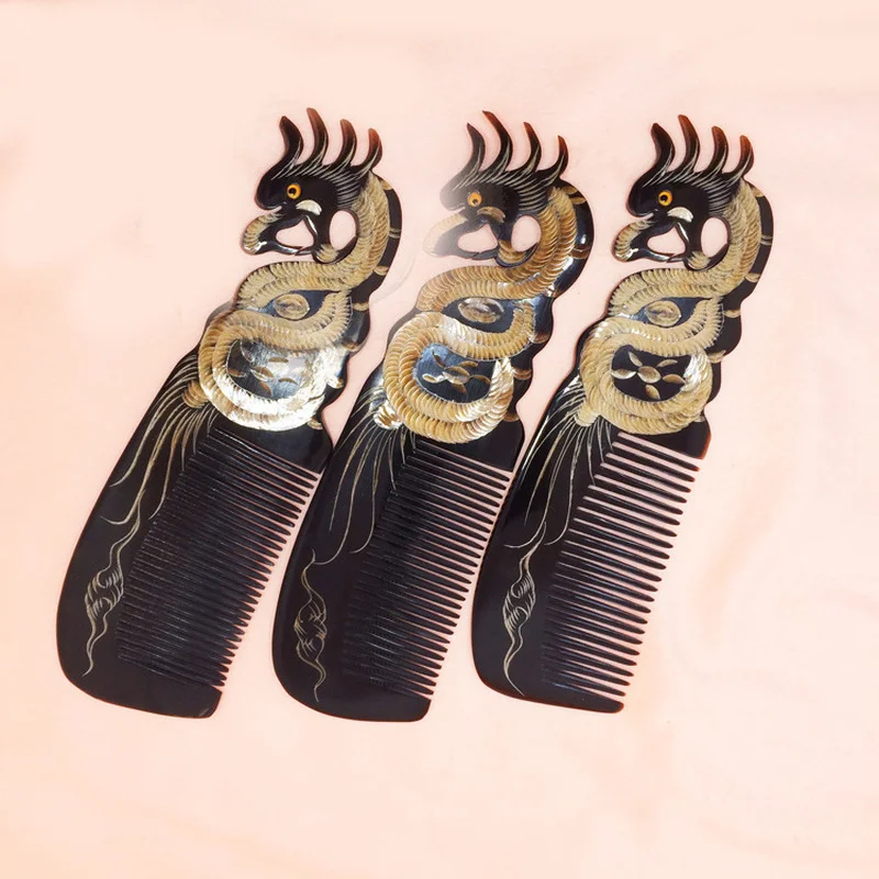 Massage Anti-static Combs Retro Natural OX Cow Horn Dragon Phoenix Peacock Comb Hair Brush Health Scalp Detangle Woman Gift