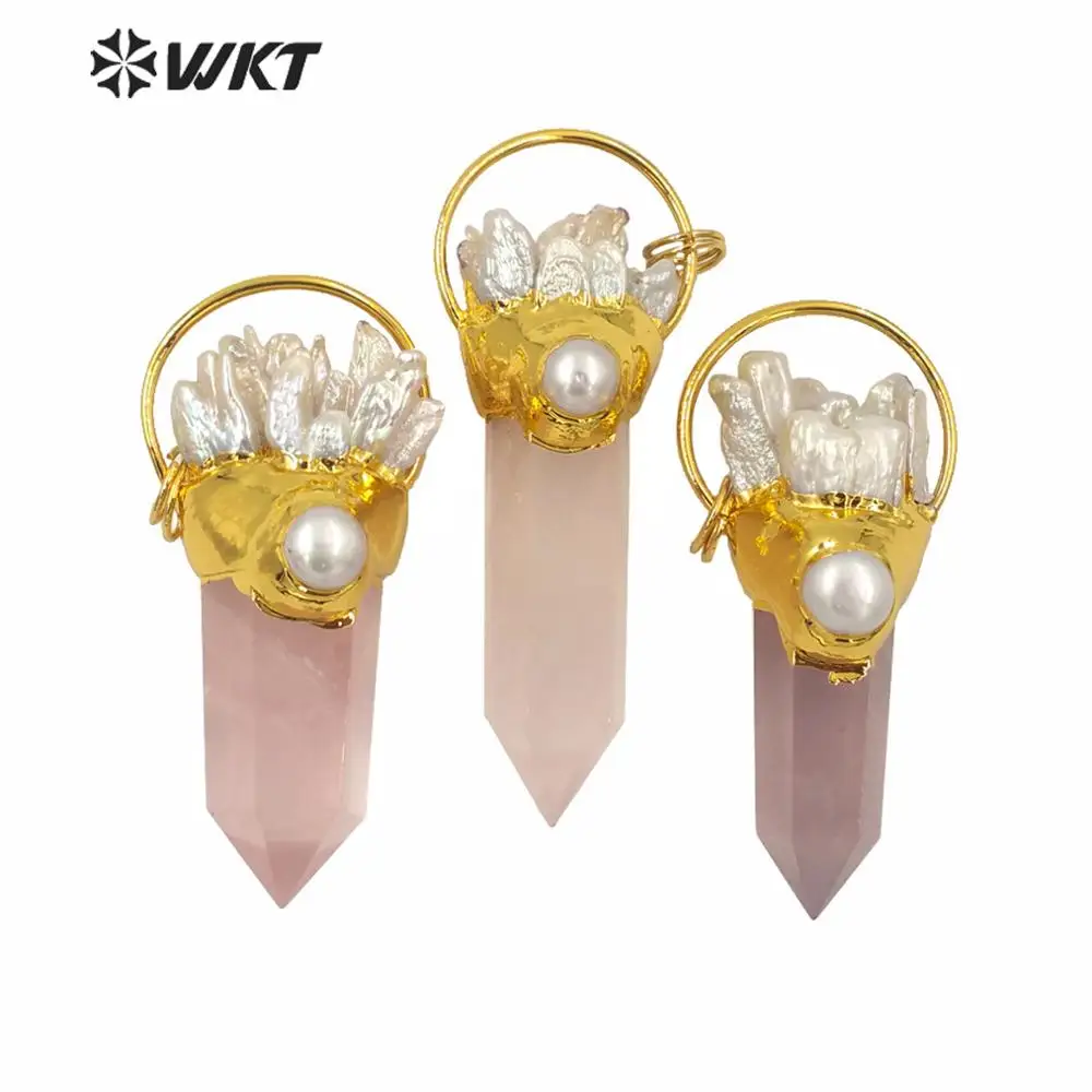 WT-P1587 WKT Amazing Big Natural Rose Quart Spirit Point For Women Fashion Pearl Charms Pink Quartz Pendant Jewelry