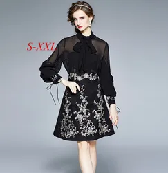 2024 Runway Spring 2 Piece Set Women Sexy See Though Chiffon Bowknot Shirt + Luxury Beaded Flowers Embroidery A Line Skirt Suits