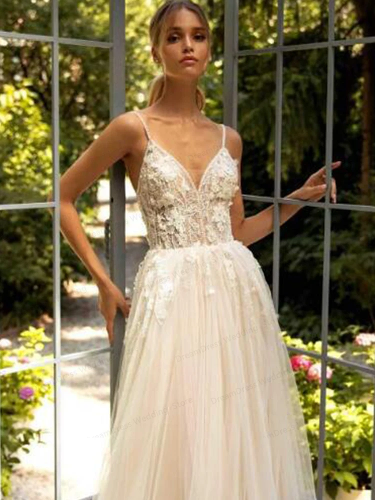 Robe De mariée en Tulle et dentelle, style Boho, ligne a, dos nu, avec traîne, sans manches, sur mesure