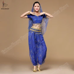 Vrouwen Bollywood Dance Kostuums Set Indiase Buikdans Sari Dancewear Coin Chiffon Top Riem Broek Sluier Hoofddeksels Pak