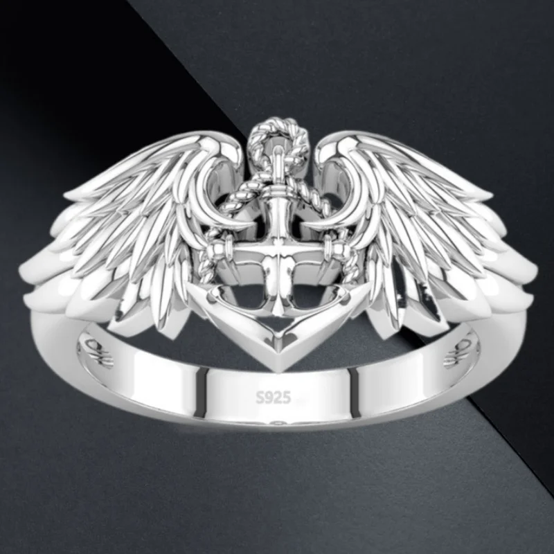 Fashion Income Personality Neutral Anchor Angel Wing Ring Men\'s and Women\'s Wedding Ring Romantic Love Proposal Ring Gift