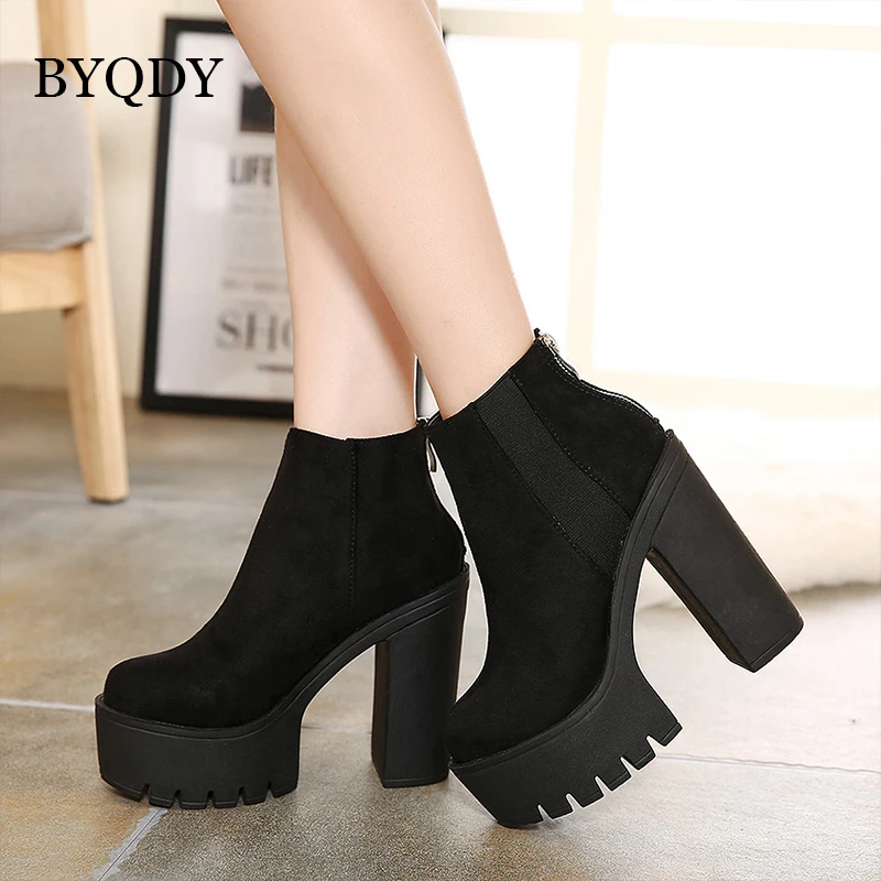 BYQDY High Heels Platform Boots Women Spring Autumn Block Heel Ankle Booties Street Style Back Zipper Footwear Plus Size