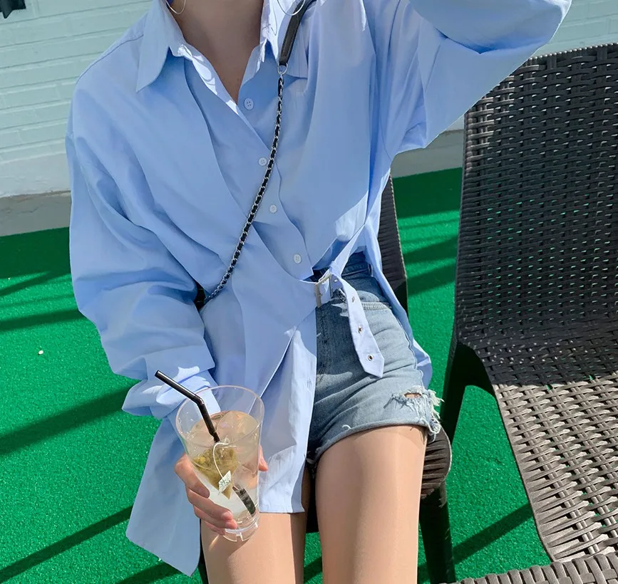 CHEERART Fall 2020 Women Long Sleeve Blouse Blue Button Up Collar Korean Shirt With Belt Causal Top Fashion Clothing