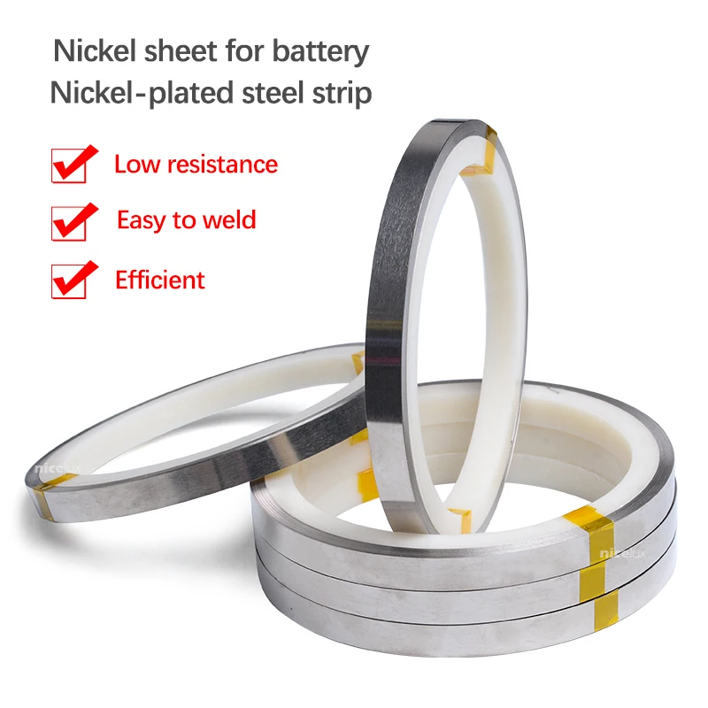 Plaque de Nickel pour batterie Li-ion, 10 mètres, connecteur en bande nickelée, 0.1mm, ceinture en acier, soudure par points pour Machine