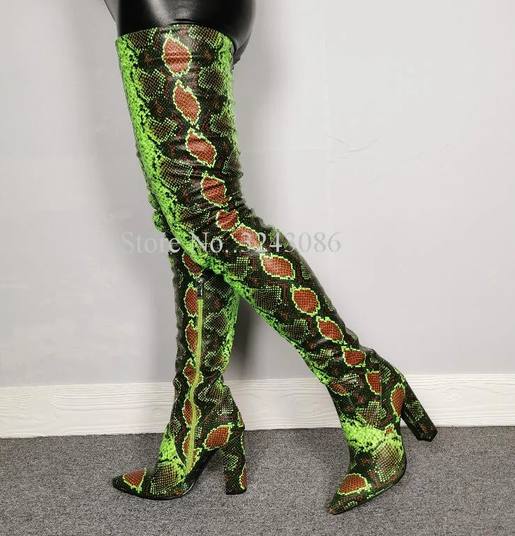 New Mixed Color Snakeskin Chunky Heel Thigh High Boots Women Sexy Pointed Toe Leather Over the Knee Long Boots Lady Real Photos