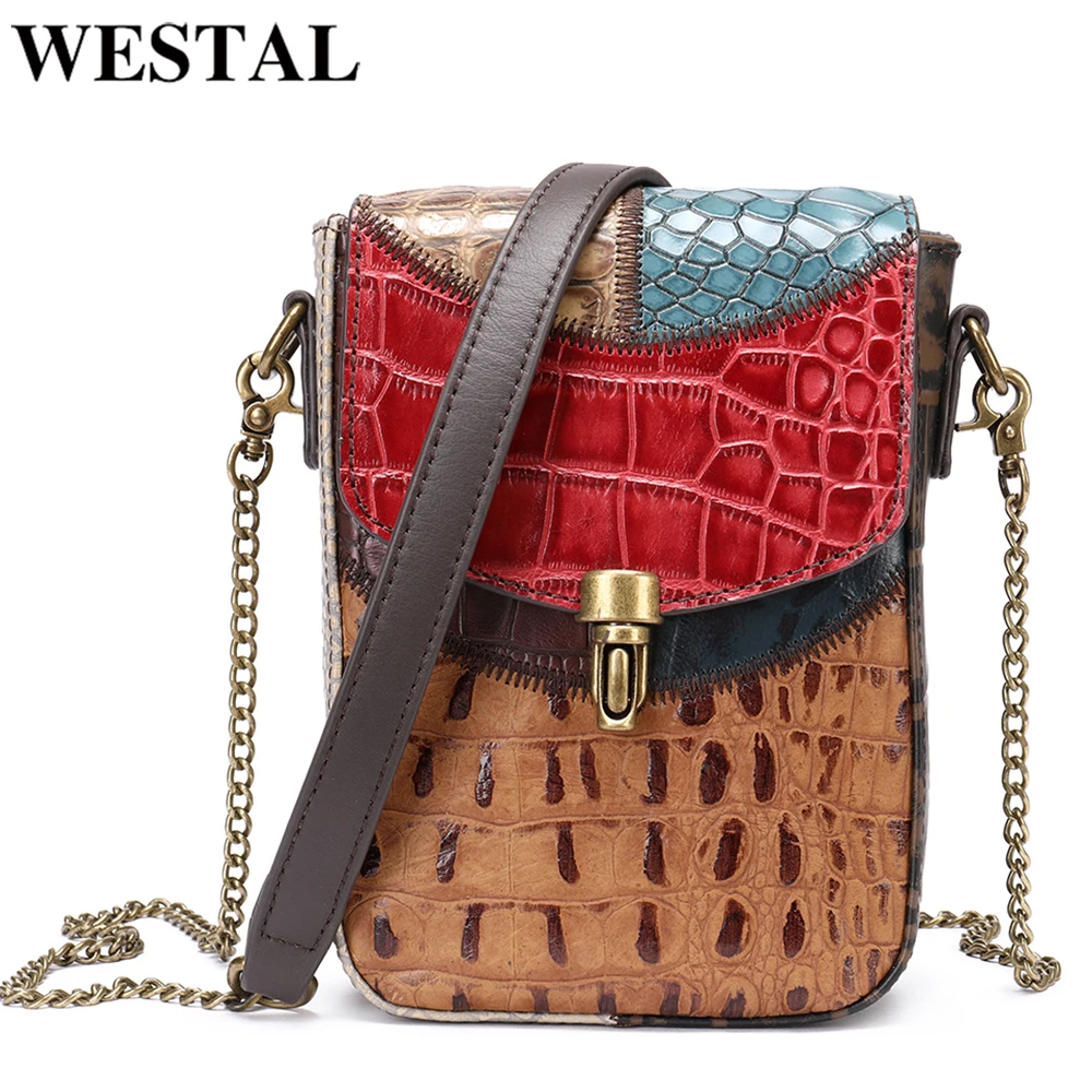 WESTAL Mini Crossbody Bags with Chain Strap Small Women's Shoulder Bag Genuine Leather Multicolor Phone Bag 7674-colorful