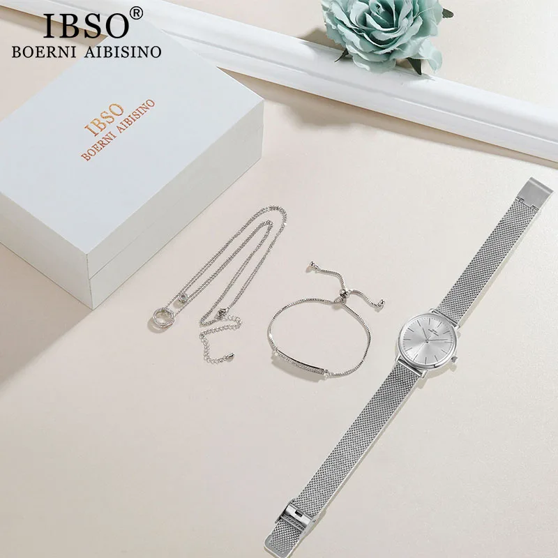 IBSO Women Quartz Watch Set Crystal Design Bracelet Necklace Watch Sets Female Jewelry Fashion Silver Luxury Watch Lady\'s Gift