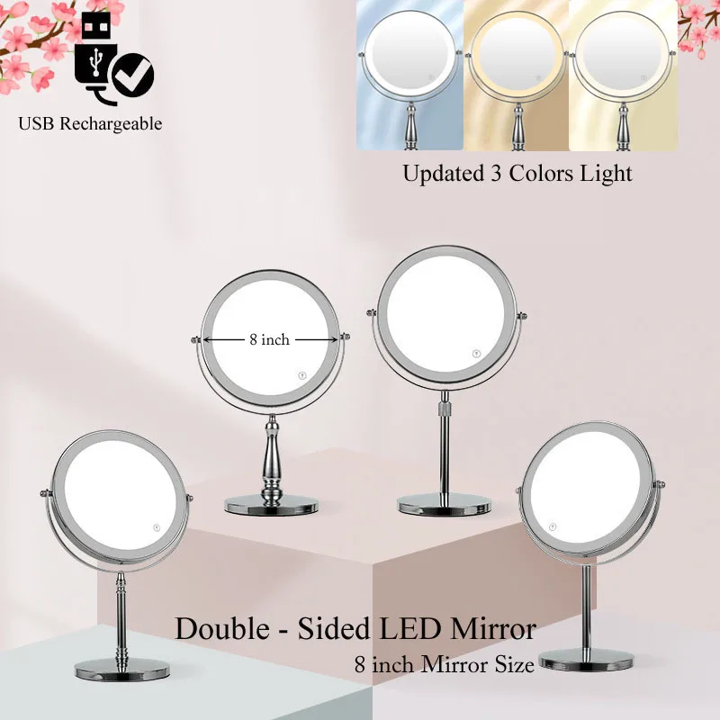 8Inch Double Sided Vanity Makeup LED Mirror 3X/5X Magnification,USB Rechargeable, 3Color Touch Control, Tabletop Cosmetic Mirror