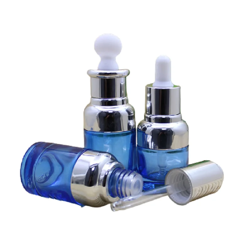 15pcs 20ML 30ML Empty Blue Glass Bottle Silver Ring White Plastic Head Cosmetic Packaging Essential Oil Dropper Refillable Vials