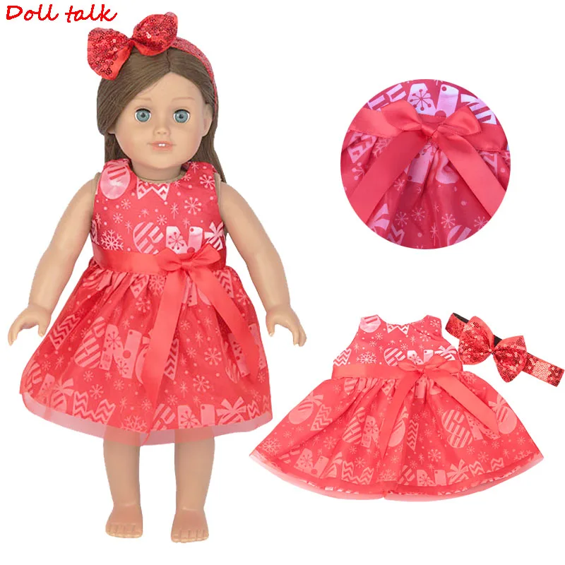 18 Inch American Doll Dress With Bow Headband New Fashion Printed Long Christmas Skirt For Baby Dolls Clothes FIt 43cm Girl Doll