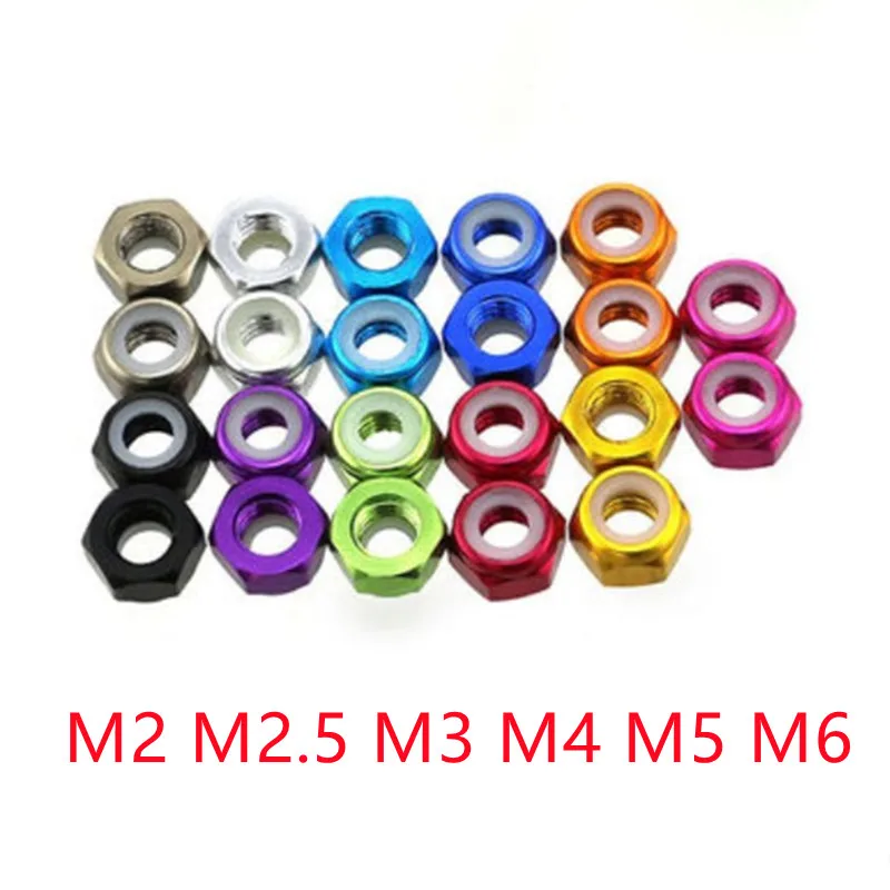 10pcs m2 m3 m2.5 m4 m5 M6 Anodized Multi-color Colourful Aluminum Alloy Nylon Lock Nut