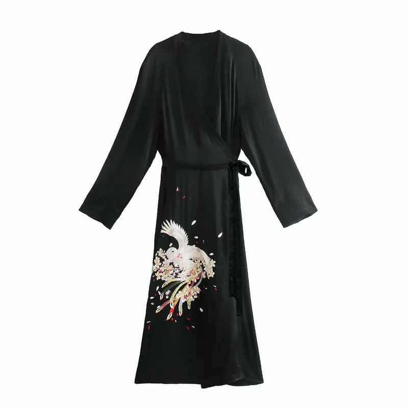 

Evfer Women Sprint Fashion Phoenix Embroidery Black Kimono Long Dress Chic Lady High Waist With Belt Japan Style Vintage Dresses