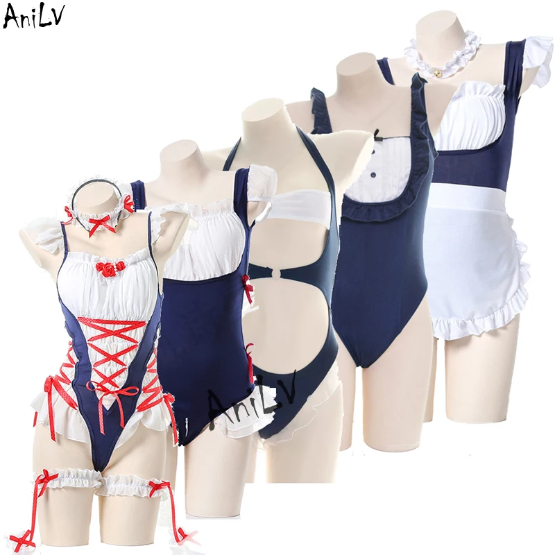 AniLV Anime Girl Student Maid Uniform Series Bodysuit One-piece Swimsuit Sukumizu Costume Coffee Maid Pajamas Lingerie Cosplay