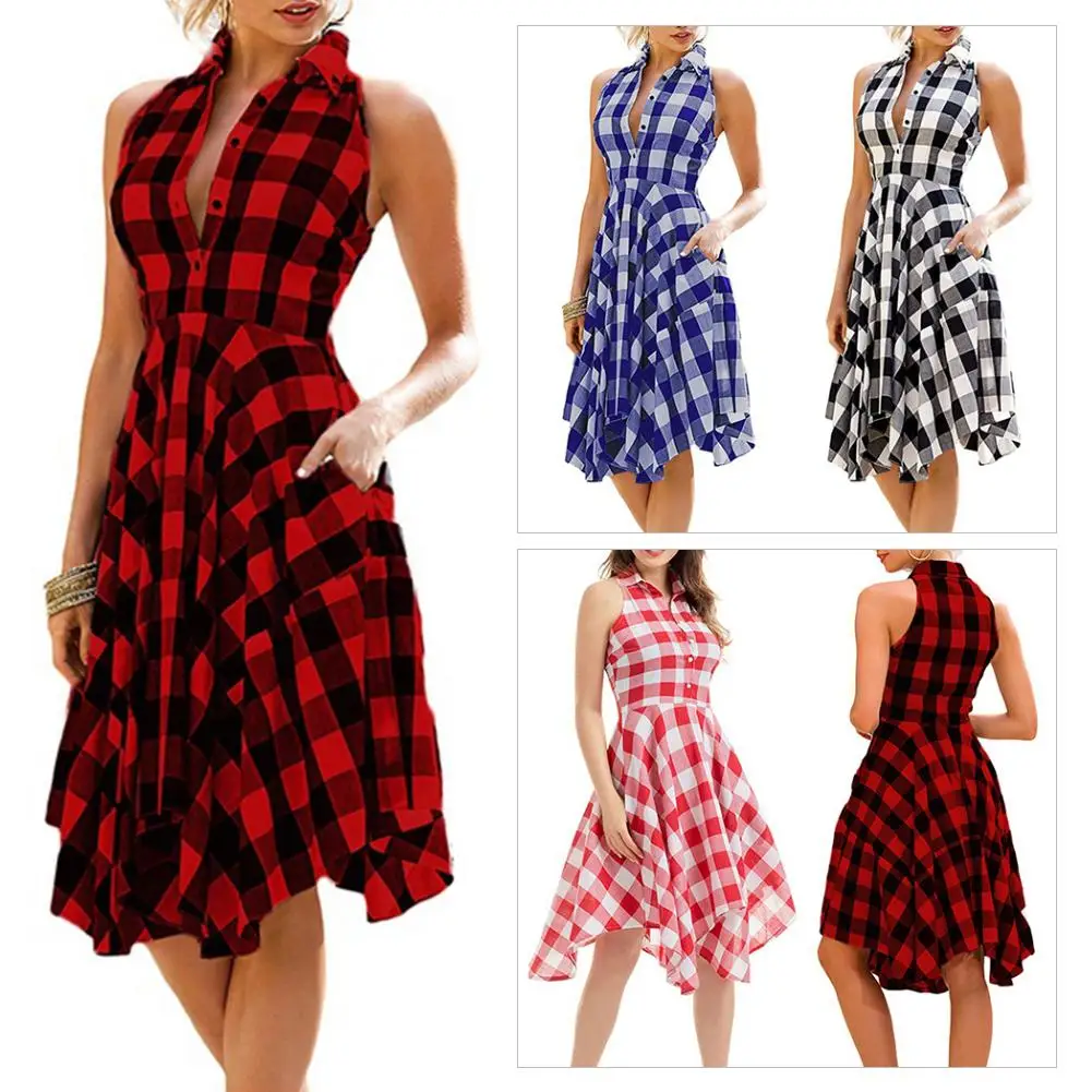 HOT SALES!!! New Arrival Fashion Summer Lady Plaid Print Button Down Slim Sleeveless Irregular Midi Dress Wholesale Dropshipping