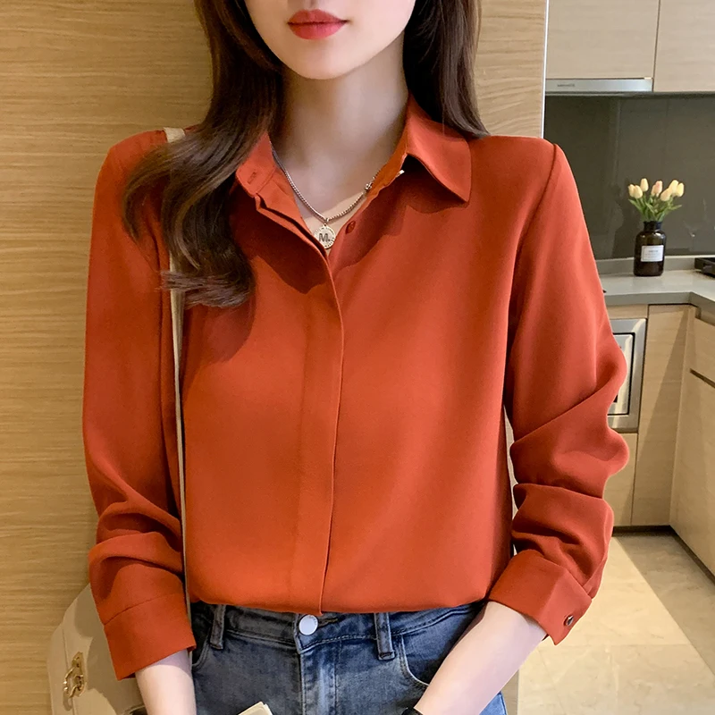 Solid Women\'s Shirt Chiffon Blouses for Women Full Sleeve Button Up Tops Polo Neck Woman Blouse Tops Female 2022 Basic Shirts OL