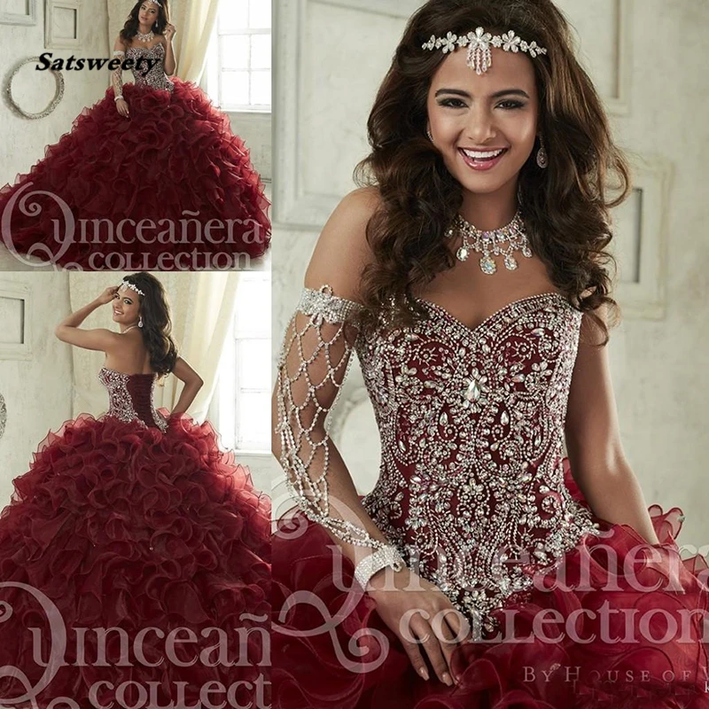 Maroon Quinceanera Dresses Sweep Train Tiered Cascading Ruffles Pageant Gown Luxury Crystal Corset Sweetheart 16 Masquerade