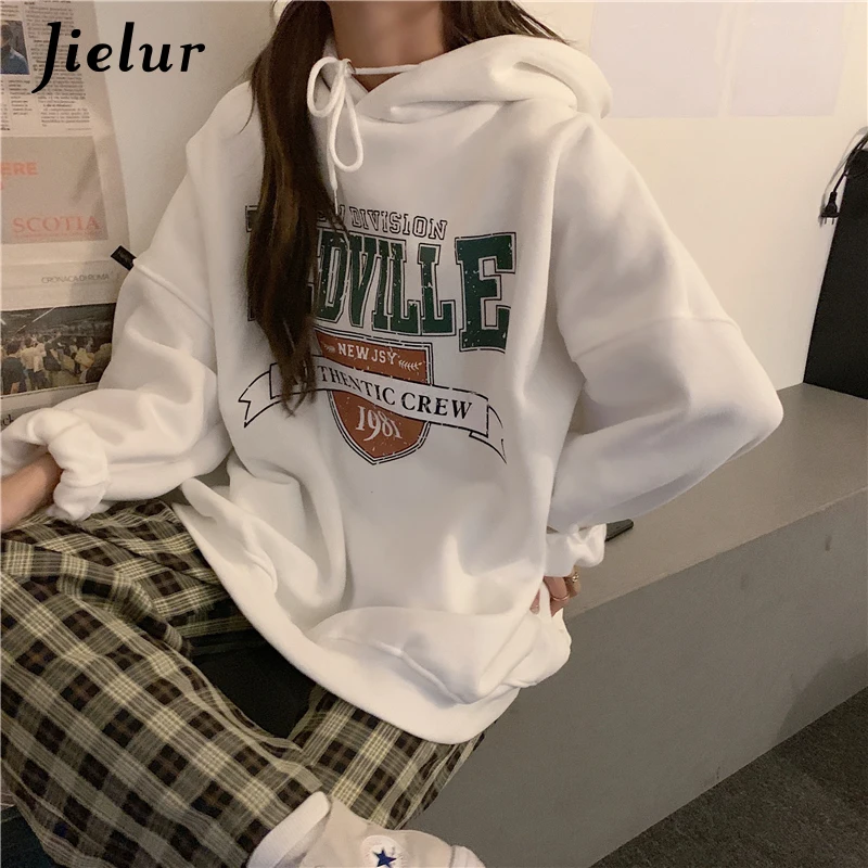 Jielur Korean Fashion Hoodies for Women Hooded Warm Fleece Gray White Sweatshirt Female Winter Loose Leisure M-XL Size Print Top