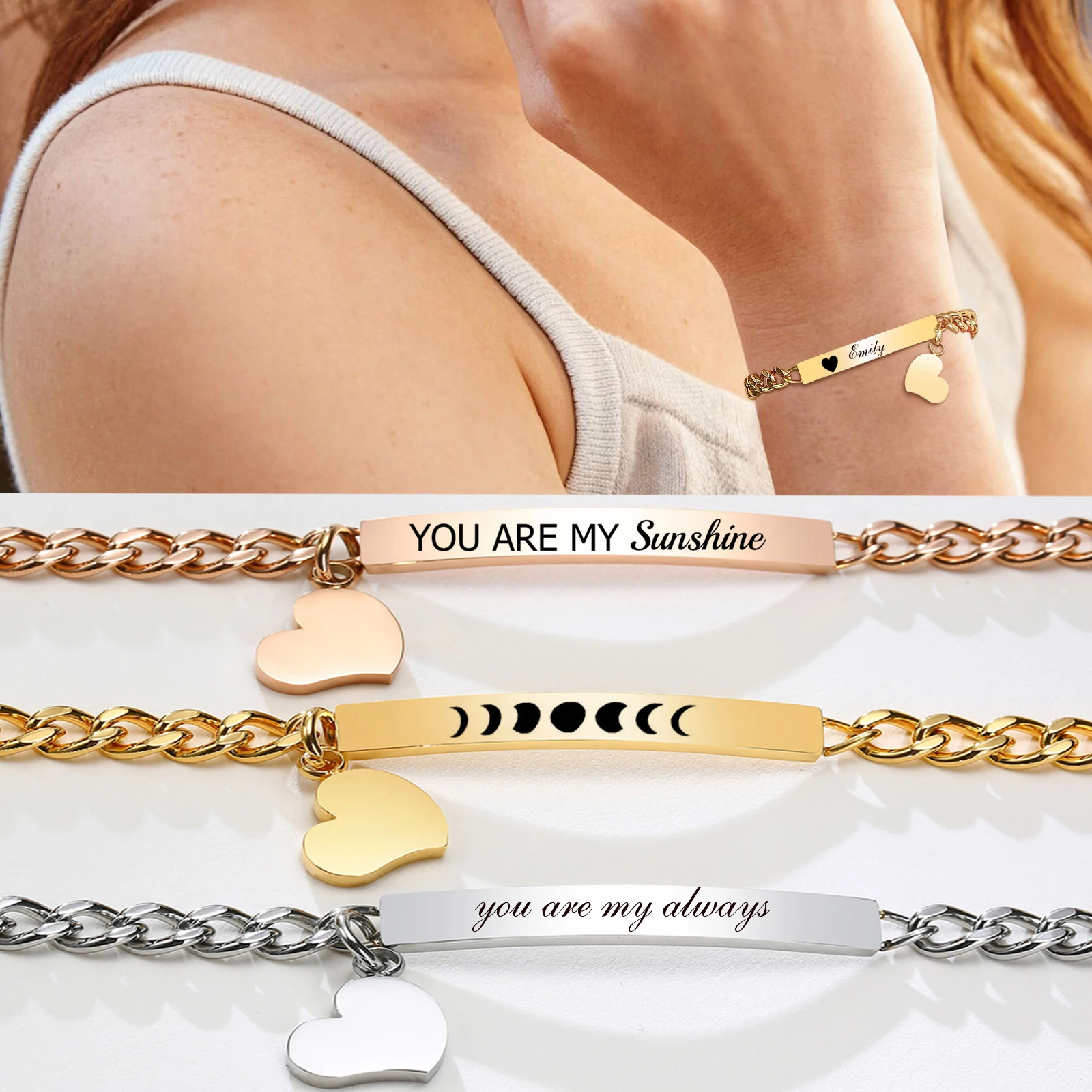 Customized ID Bracelet for Women, Stainless Steel Heart Bracelet,engraved Personalized Frienship Valentine\'s Day Gift