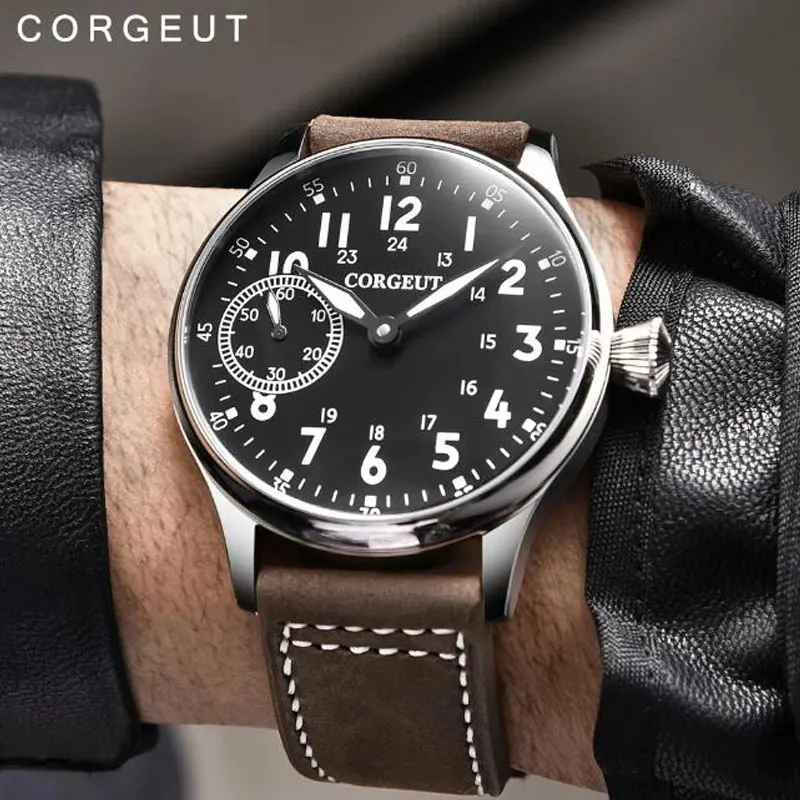 Corgeut 44Mm Fashion Lederen Lichtgevende Mechanische Hand Winding Horloge 17 Juwelen Seagull ST3600 6497 Beweging Sport Heren Horloge