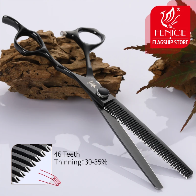 Fenice 7/7.5 inch Professional Black Pet Scissors Set for Dog Grooming Cutting&Thinning Shears Set Animal Haircut Scissors Kit