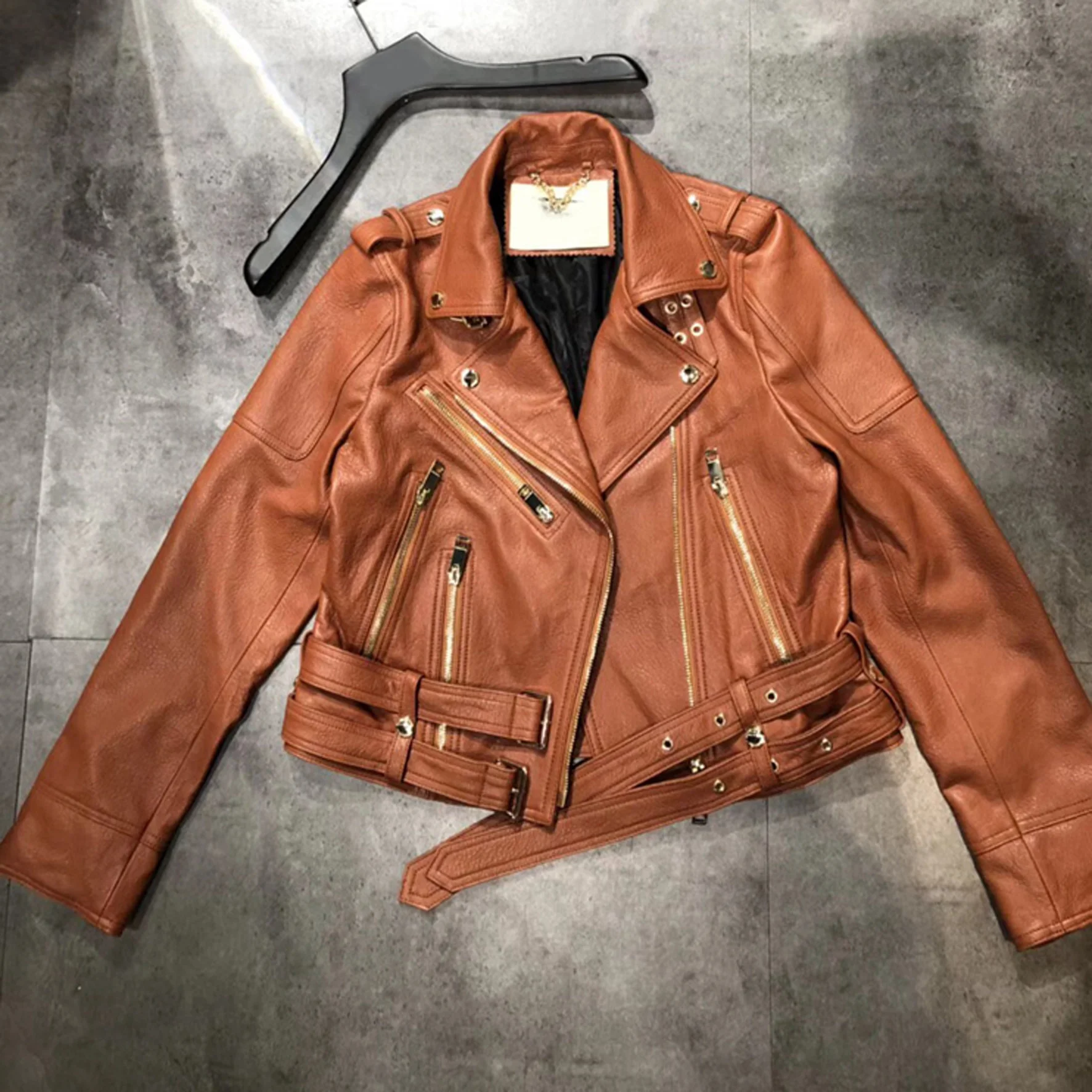 Veste courte en cuir de mouton véritable pour femme, manteau de marque de luxe de styliste, vêtements d'extérieur pour moto, nouvelle collection automne hiver 2023