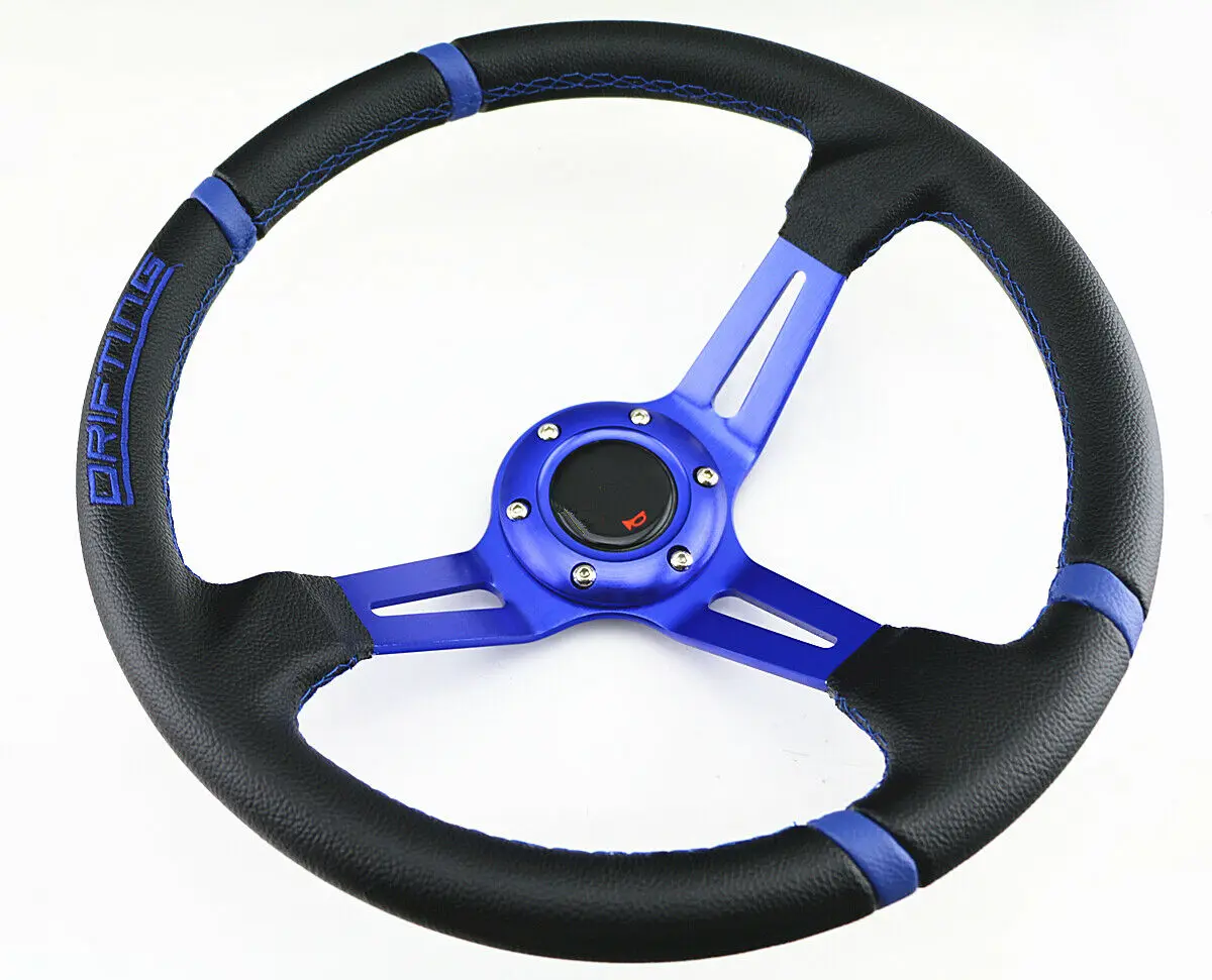 Car 350MM DEEP BLUE STITCH BLACK SPOKE 6 BOLT Racing Drifting STEERING WHEEL & HORN