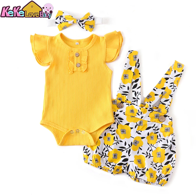 Newborn Baby Girl Summer Clothes Set Fashion Infant Knitting Cotton Ruffles Romper Shorts Bow Headband 3Pcs For Toddler Outfits