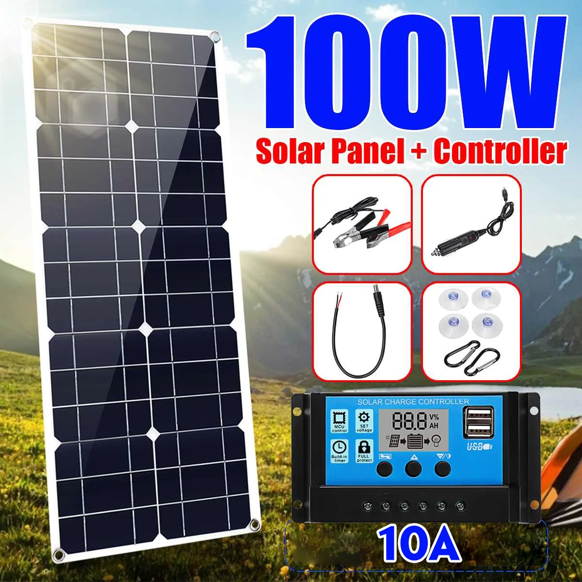 

100W 1 MonocrystalineSolar Panel Dual 12V/5V USB Charger Kit with 10A Solar Controller & Cables